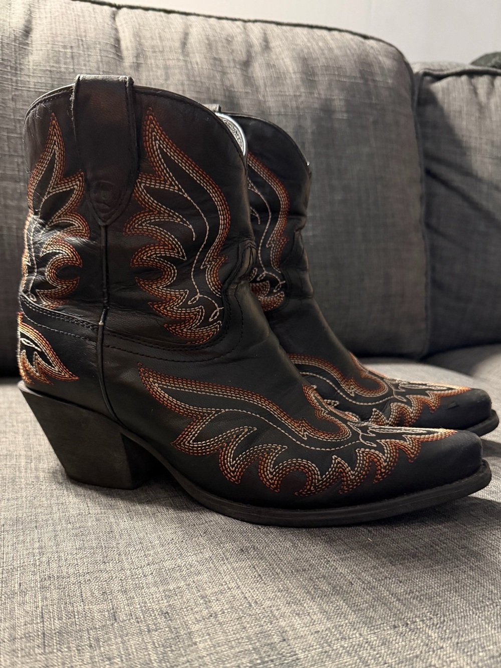 Ariat Black Leather Western Ankle Boots with Orange Stitching